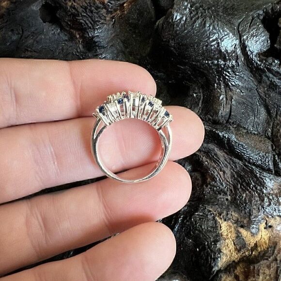 Large Statement Floral Cluster Ring Size 6 Blue Clear Silver Tone Prong Set - Picture 9 of 13